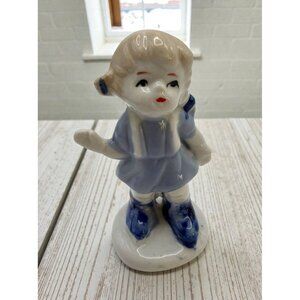 Vintage Porcelain Little Dutch Girl Figurine Blue Hand Painted Waving